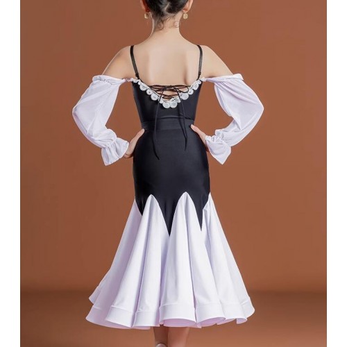 Girls black with white ballroom dance dresses kids waltz tango dew shoulder modern dance long swing skirts for children